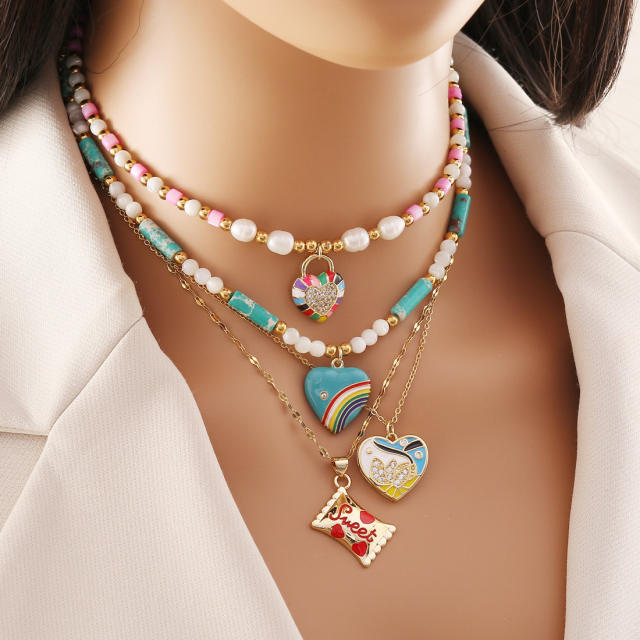 Boho color enamel pendant bead necklace