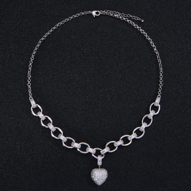 Luxury pave setting cubic zircon heart copper chain necklace bracelet