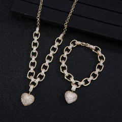Luxury pave setting cubic zircon heart copper chain necklace bracelet