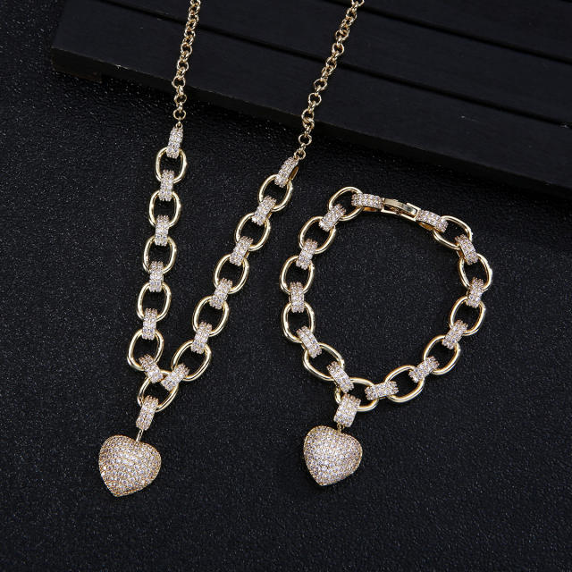 Luxury pave setting cubic zircon heart copper chain necklace bracelet