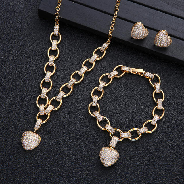Luxury pave setting cubic zircon heart copper chain necklace bracelet