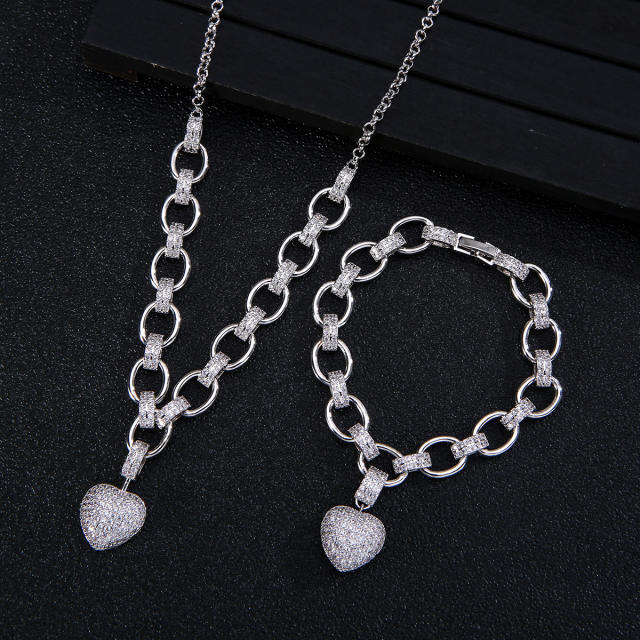 Luxury pave setting cubic zircon heart copper chain necklace bracelet