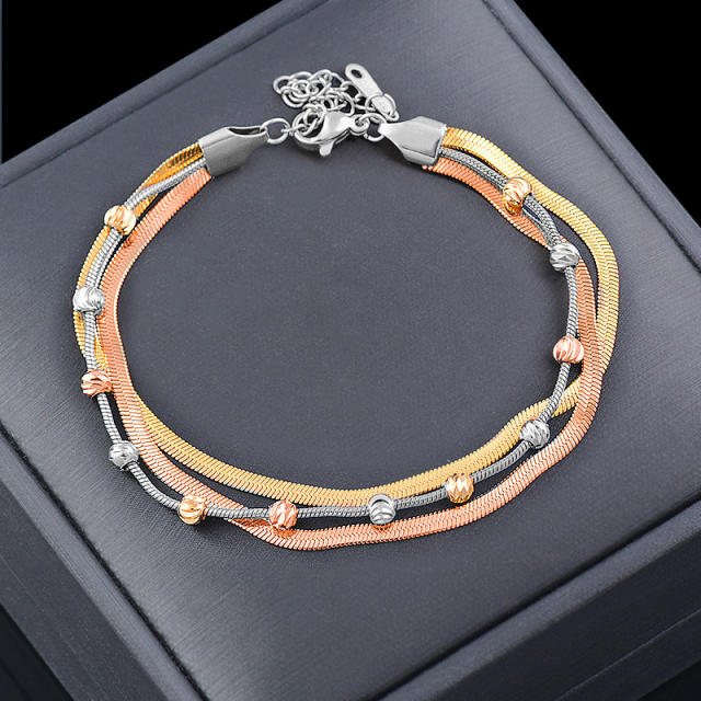 Classic design three layer snake chain lucky bead stainless steel bracelet