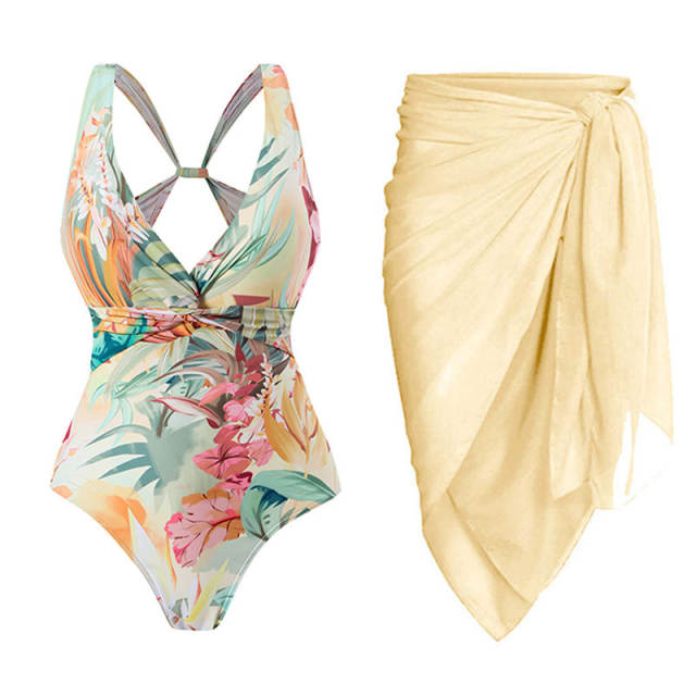 Summer design yellow color one piece swimsuit set