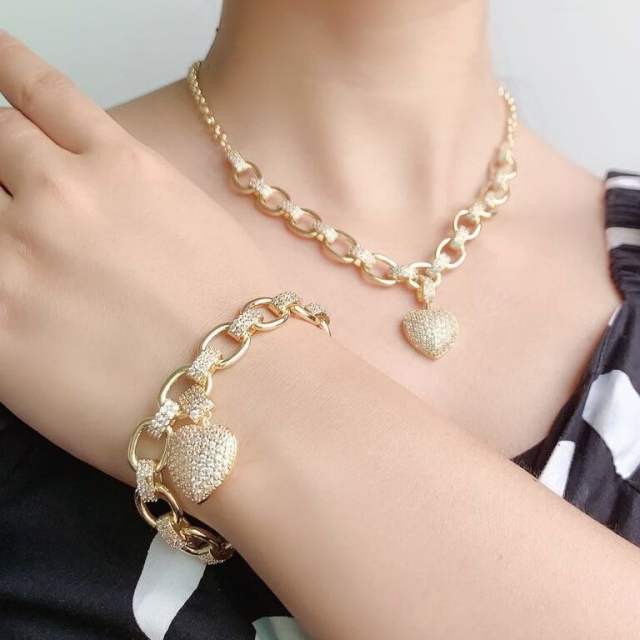 Luxury pave setting cubic zircon heart copper chain necklace bracelet