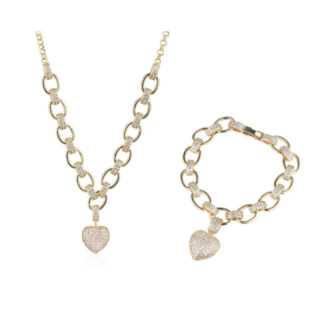 Luxury pave setting cubic zircon heart copper chain necklace bracelet