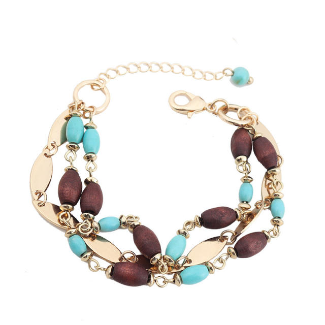 Boho turquoise wood bead layer bracelet