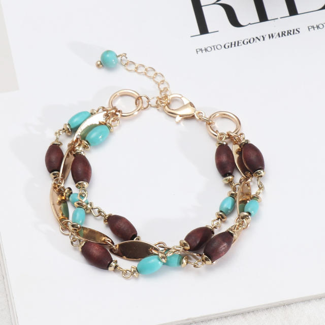 Boho turquoise wood bead layer bracelet