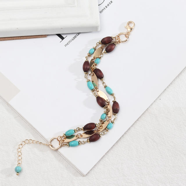 Boho turquoise wood bead layer bracelet