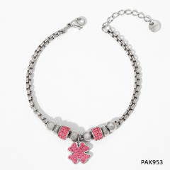 Colorful cubic zircon clover stainless steel charm bracelet