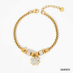 Colorful cubic zircon clover stainless steel charm bracelet