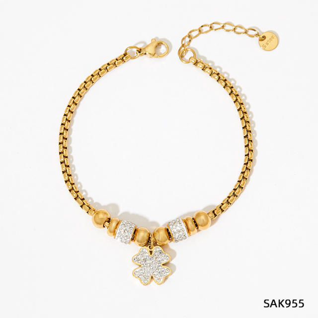 Colorful cubic zircon clover stainless steel charm bracelet
