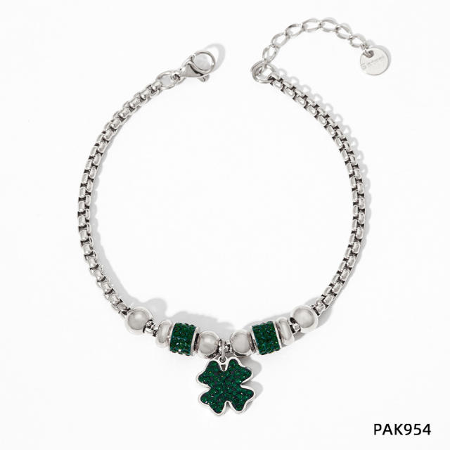 Colorful cubic zircon clover stainless steel charm bracelet