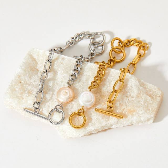 Elegant waterpearl stainless steel chain necklace bracelet set