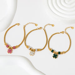 Colorful cubic zircon clover stainless steel charm bracelet