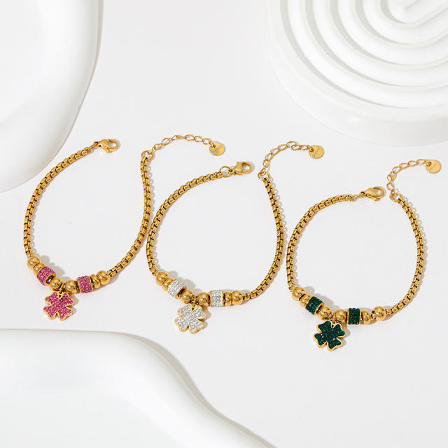 Colorful cubic zircon clover stainless steel charm bracelet