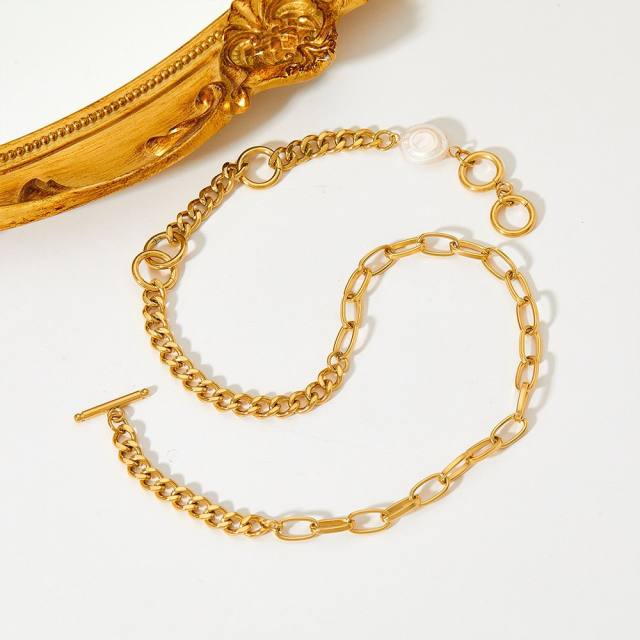 Elegant waterpearl stainless steel chain necklace bracelet set