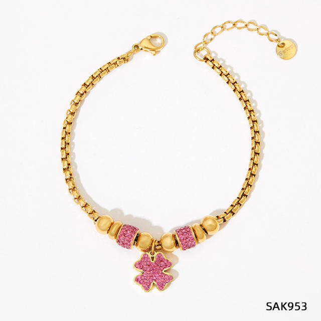 Colorful cubic zircon clover stainless steel charm bracelet