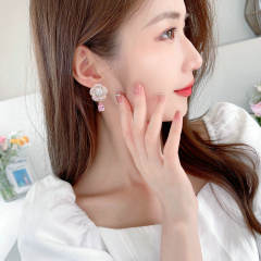 925 needle pave setting cubic zircon flower pink drop earrings