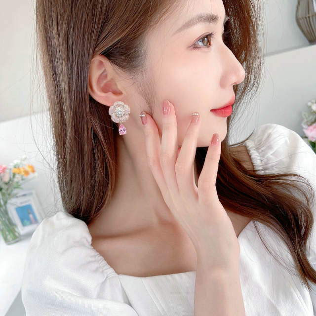 925 needle pave setting cubic zircon flower pink drop earrings