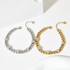 Chunky cubic zircon heart stainless steel chain bracelet