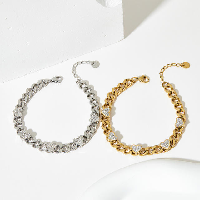 Chunky cubic zircon heart stainless steel chain bracelet