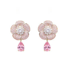 925 needle pave setting cubic zircon flower pink drop earrings