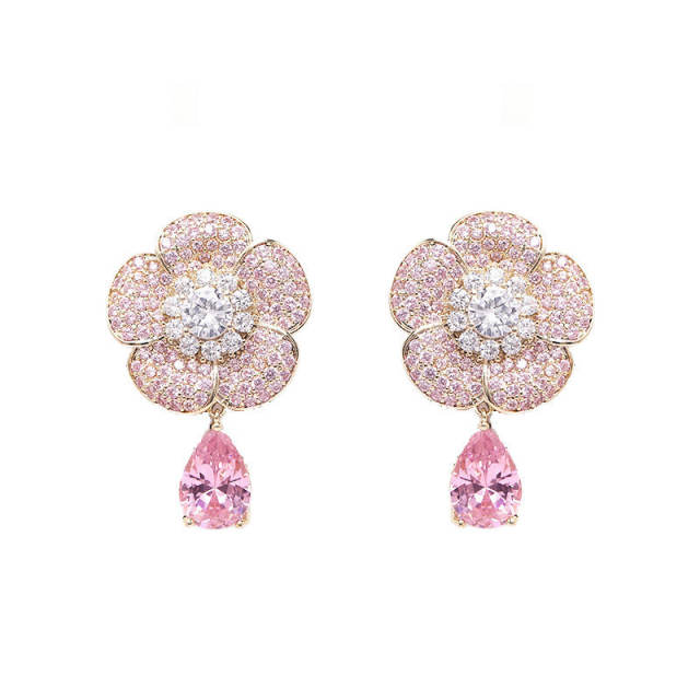 925 needle pave setting cubic zircon flower pink drop earrings