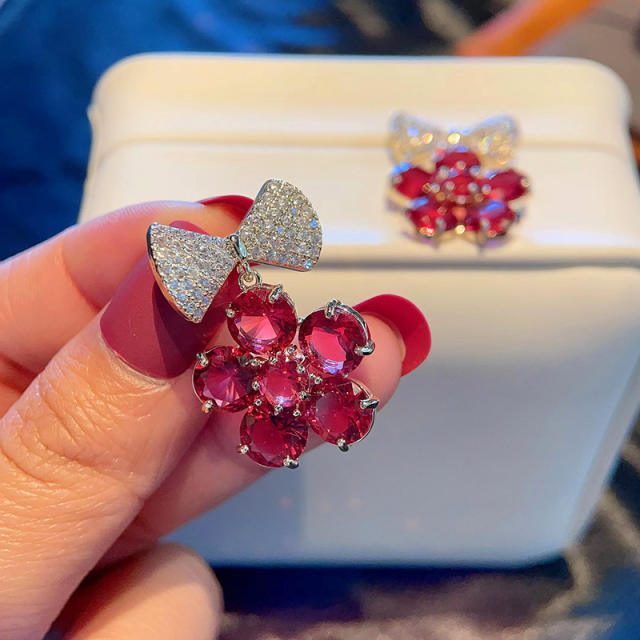 925 needle diamond bow color cubic zircon flower earrings