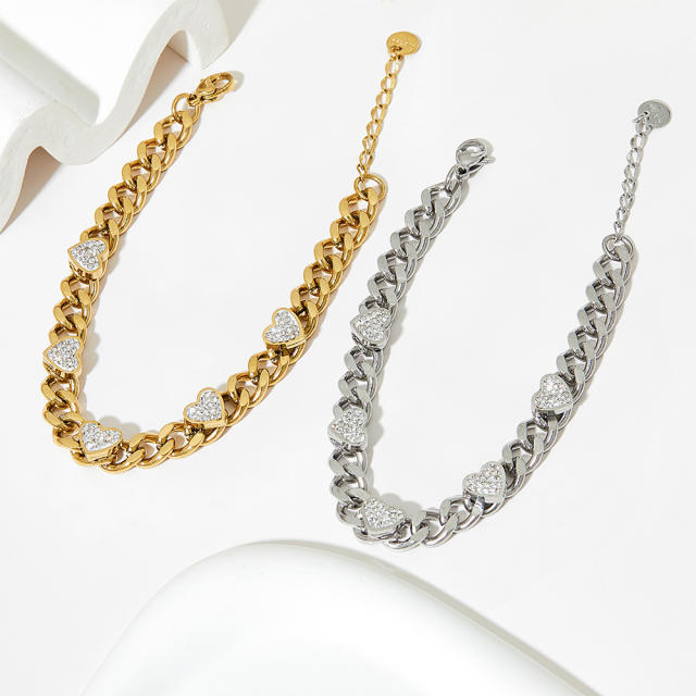 Chunky cubic zircon heart stainless steel chain bracelet