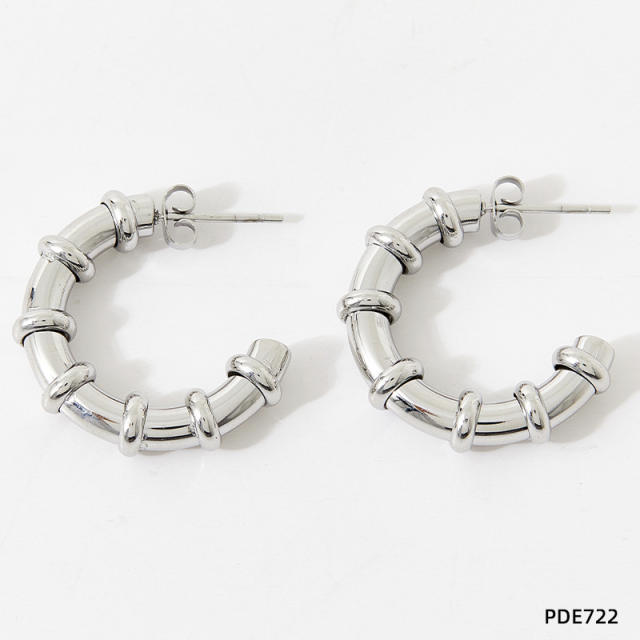 Chunky stainless steel bamboo hoop earrings