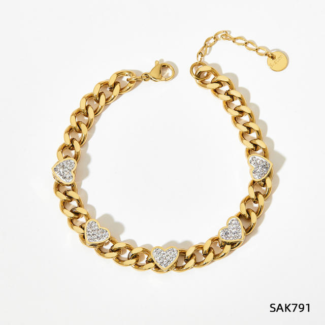 Chunky cubic zircon heart stainless steel chain bracelet