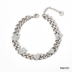 Chunky cubic zircon heart stainless steel chain bracelet