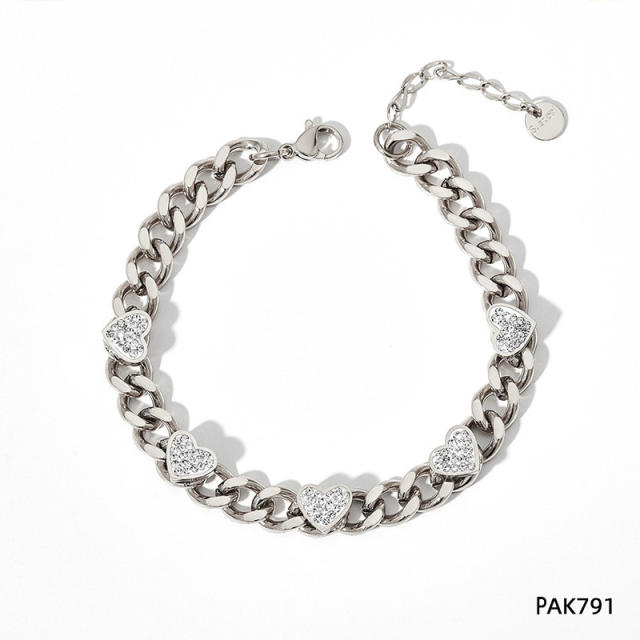 Chunky cubic zircon heart stainless steel chain bracelet