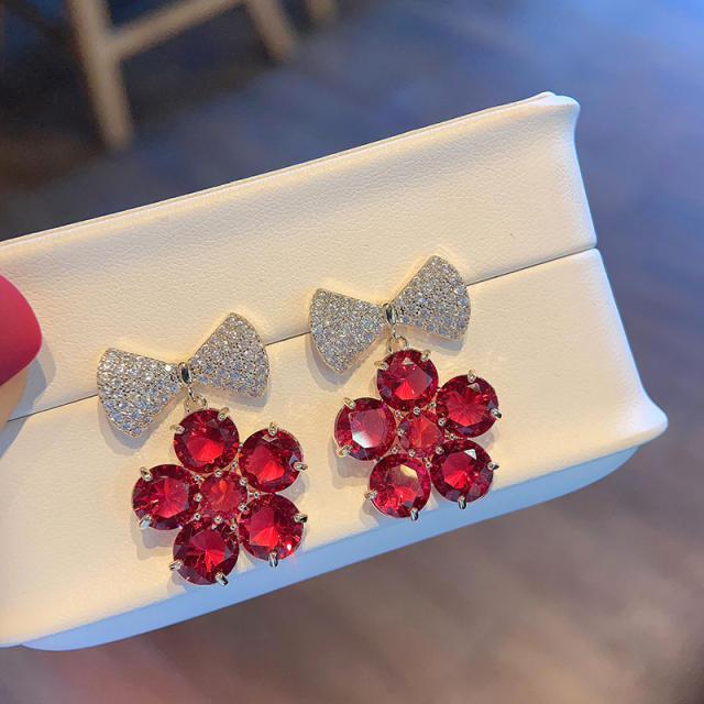 925 needle diamond bow color cubic zircon flower earrings