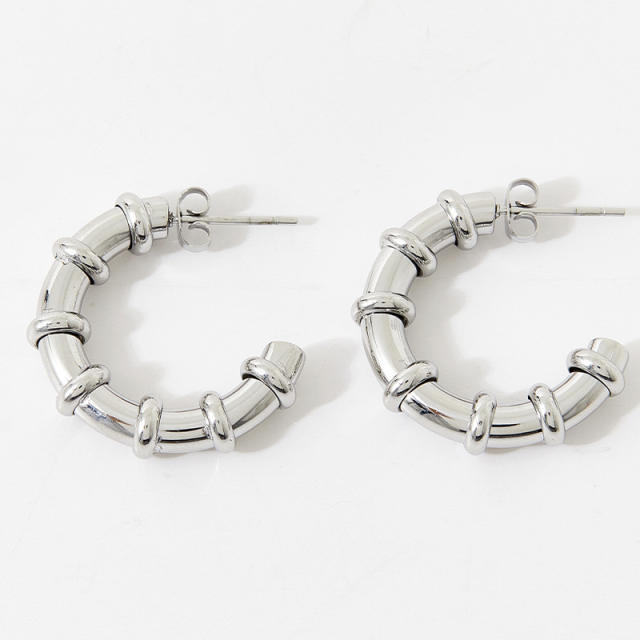 Chunky stainless steel bamboo hoop earrings