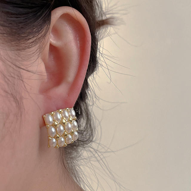 Korean fashion square shape pearl studs earrings