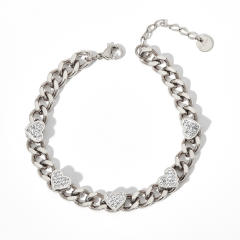 Chunky cubic zircon heart stainless steel chain bracelet