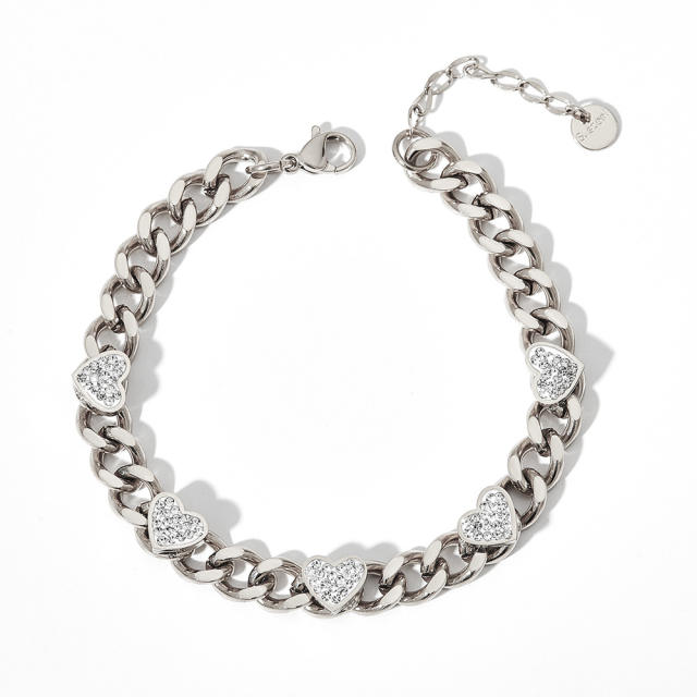 Chunky cubic zircon heart stainless steel chain bracelet