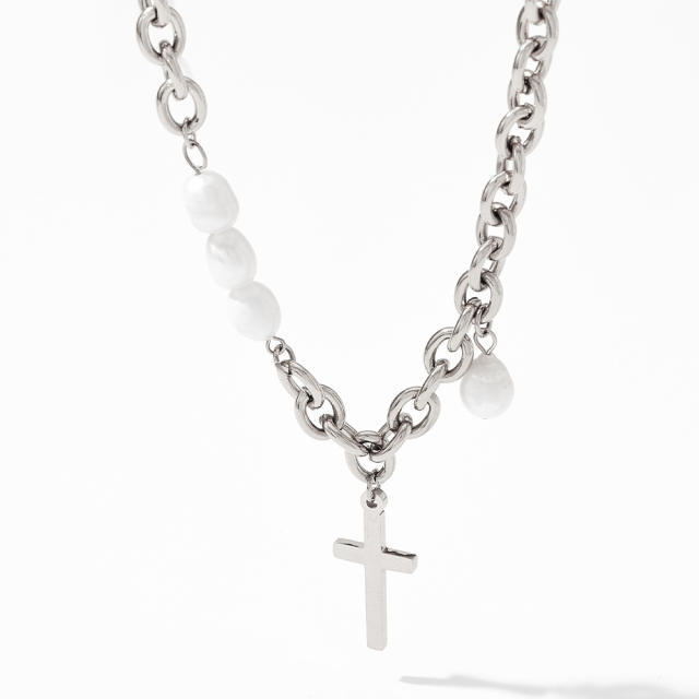 Cross pendant pearl mix stainless steel chain necklace
