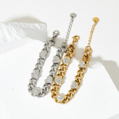 Chunky cubic zircon heart stainless steel chain bracelet