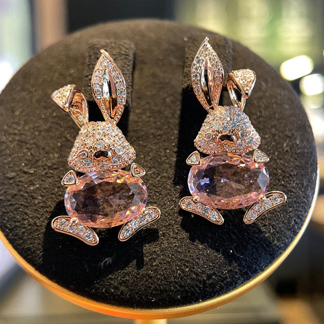 925 needle luxury pave setting cubic zircon rabbit studs earrings