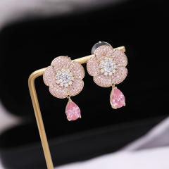 925 needle pave setting cubic zircon flower pink drop earrings