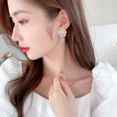 925 needle pave setting cubic zircon flower pink drop earrings