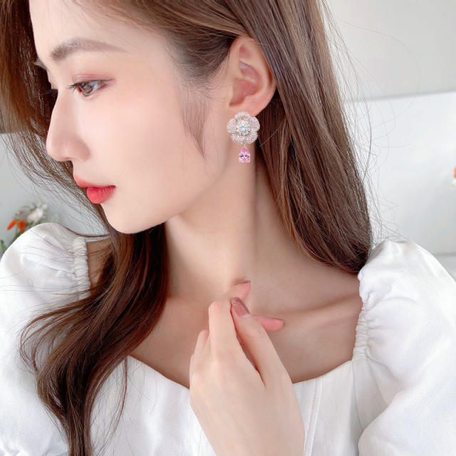 925 needle pave setting cubic zircon flower pink drop earrings