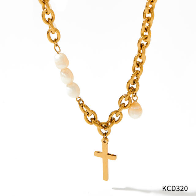Cross pendant pearl mix stainless steel chain necklace