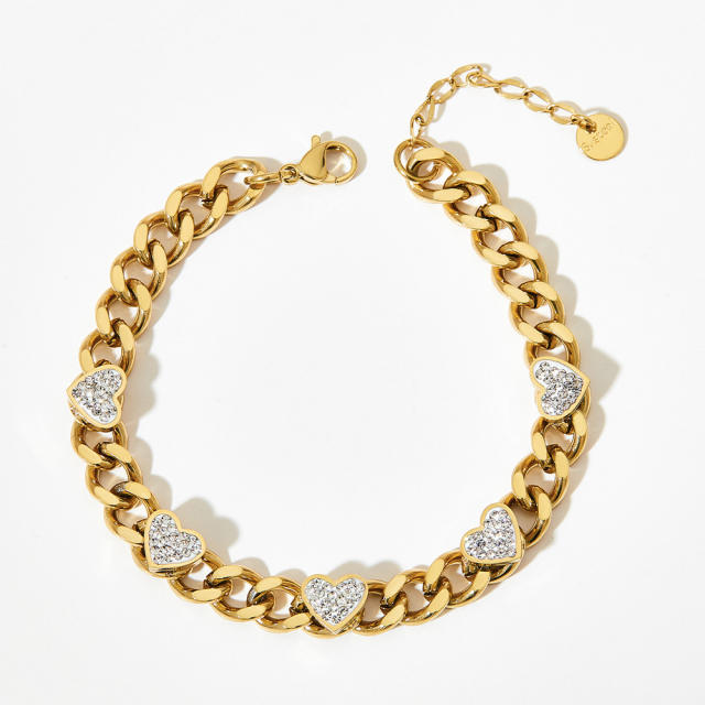 Chunky cubic zircon heart stainless steel chain bracelet