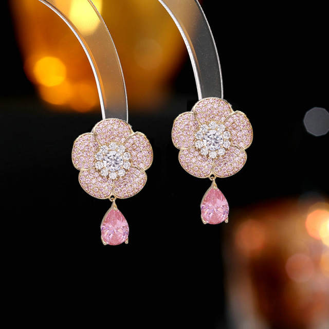925 needle pave setting cubic zircon flower pink drop earrings