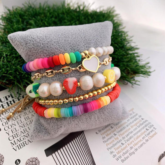 INS boho Y2K color clay bead pearl thread bracelet set