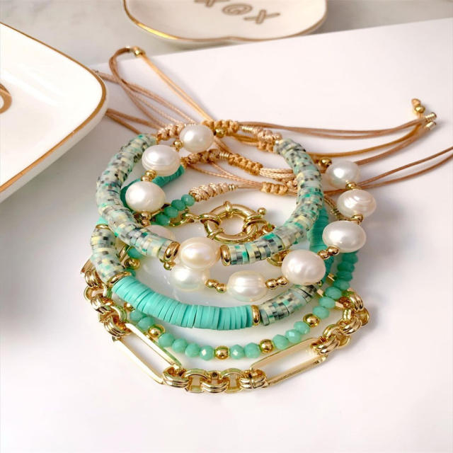 INS boho Y2K green color clay bead pearl bracelet set